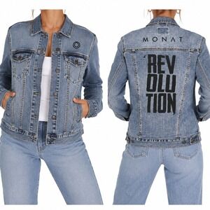 Monat Gear Denim Trucker Jacket Womens Small Blue Revolution Graphic Logo New